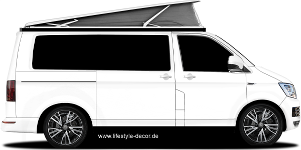 Preview: Wohnmobilsticker Alpensee mit Sonnenuntergang Preview: Wohnmobilsticker Alpensee mit Sonnenuntergang auf hellem Van - Ansicht Farbauswahl